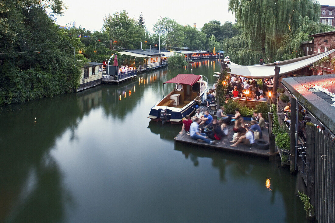Cafes at Flutgraben (canal) in the evening, canal, Treptow, Berlin, Germany