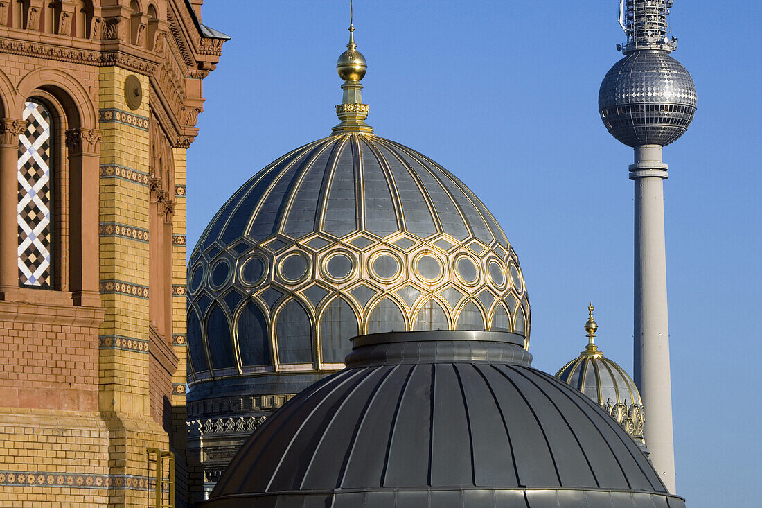 Centrum Judaicum, Neue Synagoge, Fernsehturm im Hintergrund, Berlin, Deutschland