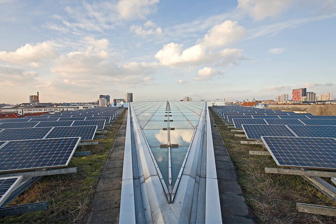 solar panels on the grass roof of the Willy-Brandt Haus headquarters of the SPD Social Democratic party Berlin, Germany