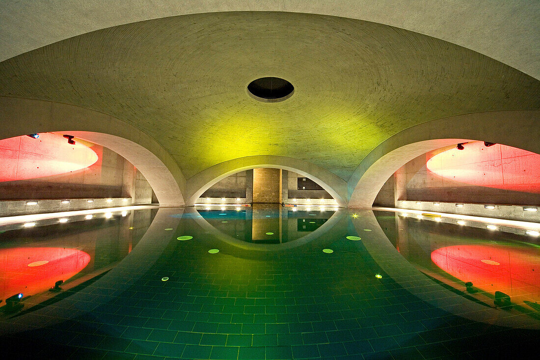 The Liquidrom, circular pool, under a vaulted roof. Light and sound used for effects, wellness, Berlin, Germany