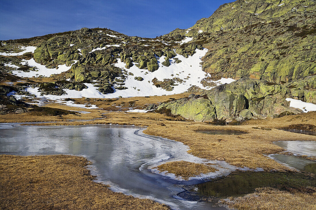 Small lake in Peñalara.Natural park of Peñalara. Madrid. Spain.