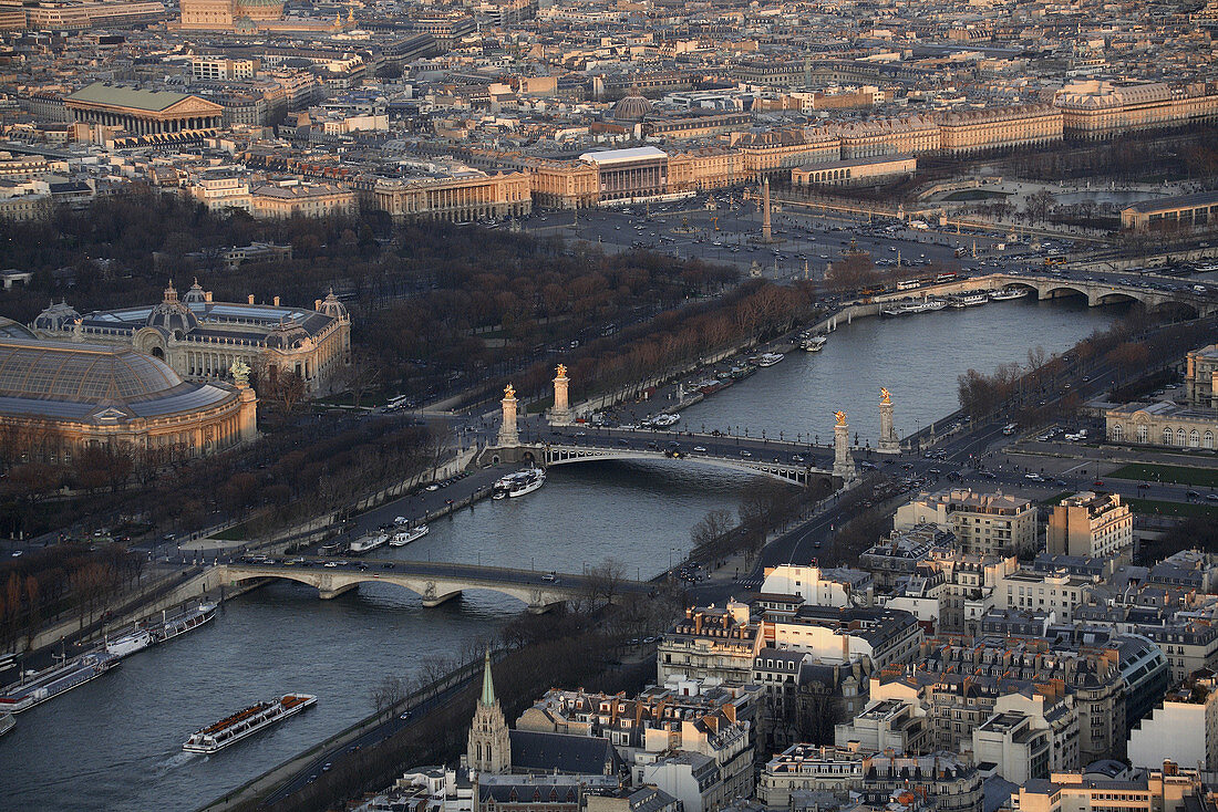 Aerial view of Paris with River Seine in foreground. Paris. France