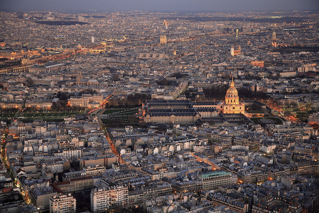 Aerial view of Paris with the Dome Church of Hotel de Invalides in the background. France