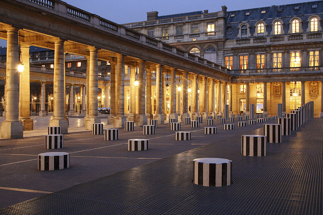 The night view of the courtyard of Palais Royal. Paris. France