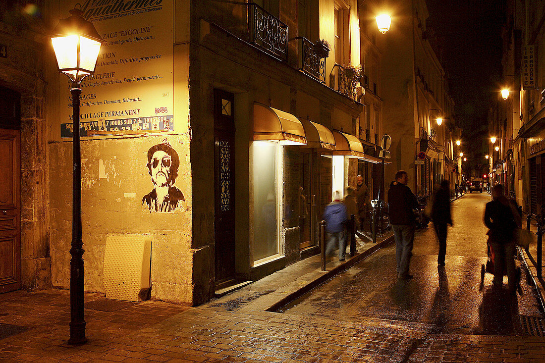 The street scene of Marais district during night. Paris. France