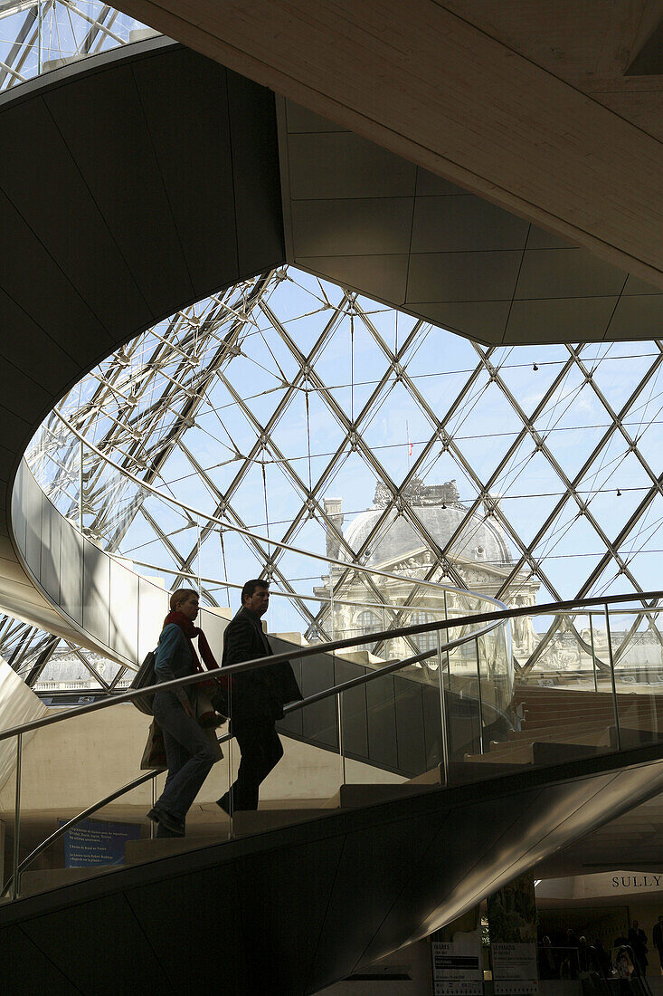 The interior view of Pyramid Entrance of Musee du Louvre. Paris. France