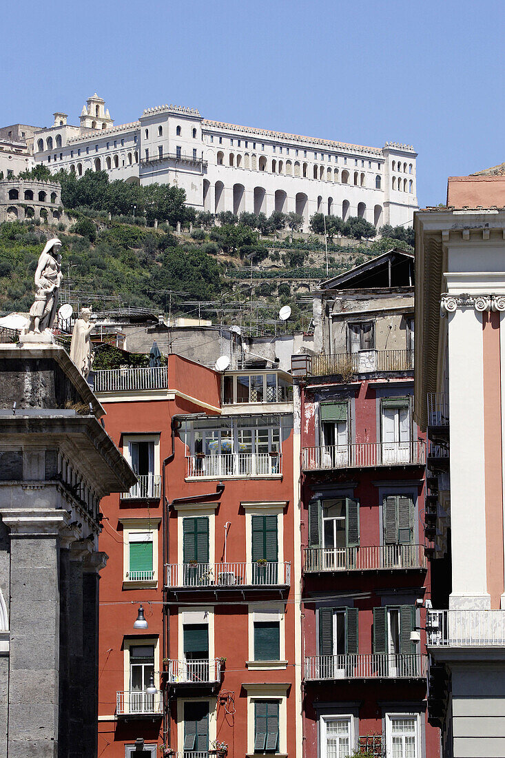The view of hill of Pizzofalcone from Piazza del Plebiscito. Naples. Campania. Italy