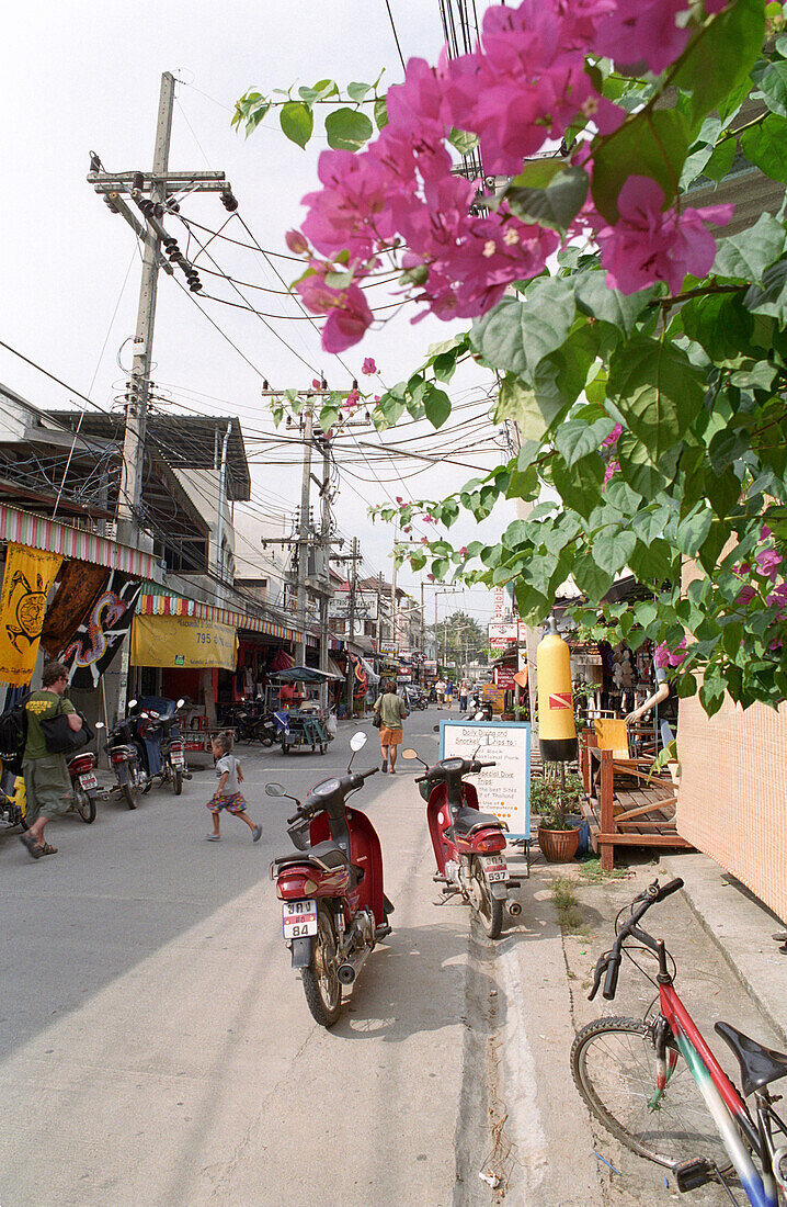 Blick entlang einer Straße, Thong Sala, Koh Pha Ngan, Thailand
