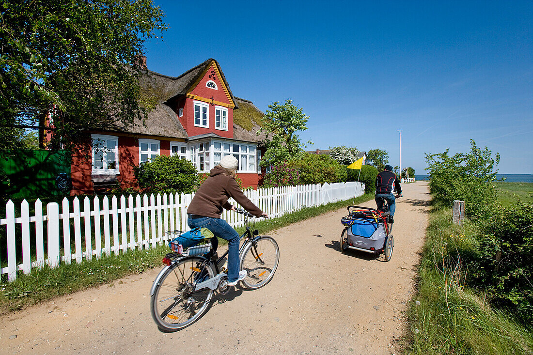 Zwei Fahrradfahrer passieren ein Friesenhaus, Steenodde, Amrum, Nordfriesland, Schleswig-Holstein, Deutschland