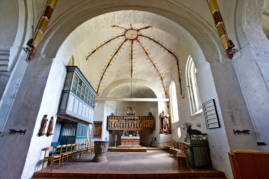 View to altar, St. John's Church, Nieblum, Foehr island, North Frisian Islands, Schleswig-Holstein, Germany