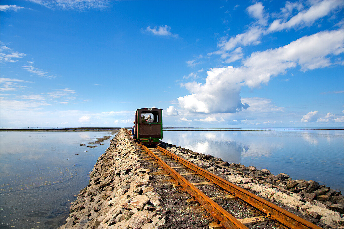 Narrow gauge railway to Nordstrandischmoor hallig, North Frisian Islands, Schleswig-Holstein, Germany
