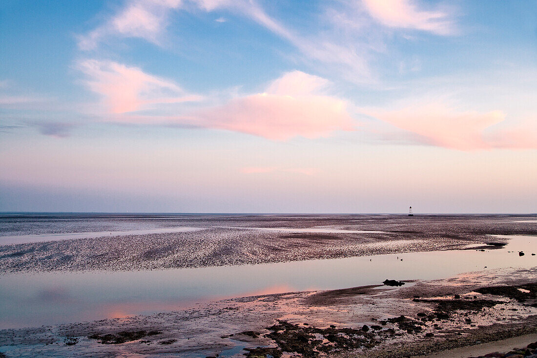 View over tideland in twilight, Pellworm Island, North Frisian Islands, Schleswig-Holstein, Germany