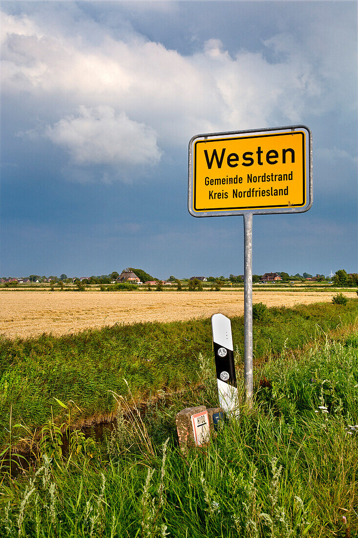 Town sign, Nordstrand Island, North Frisian Islands, Schleswig-Holstein, Germany