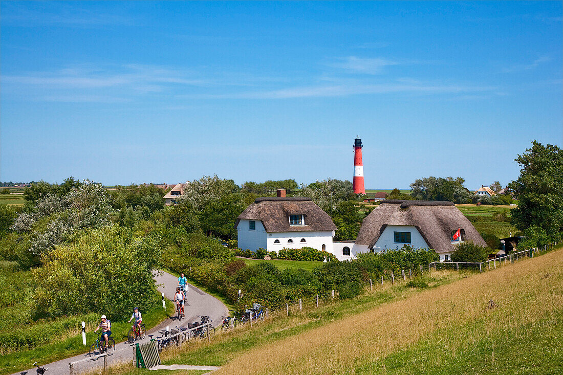 Reethäuser und Leuchtturm, Pellworm, Nordfriesland, Schleswig-Holstein, Deutschland