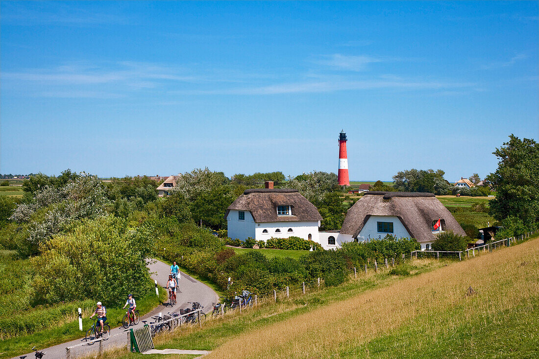 Thatched houses and lighthouse, Pellworm Island, North Frisian Islands, Schleswig-Holstein, Germany