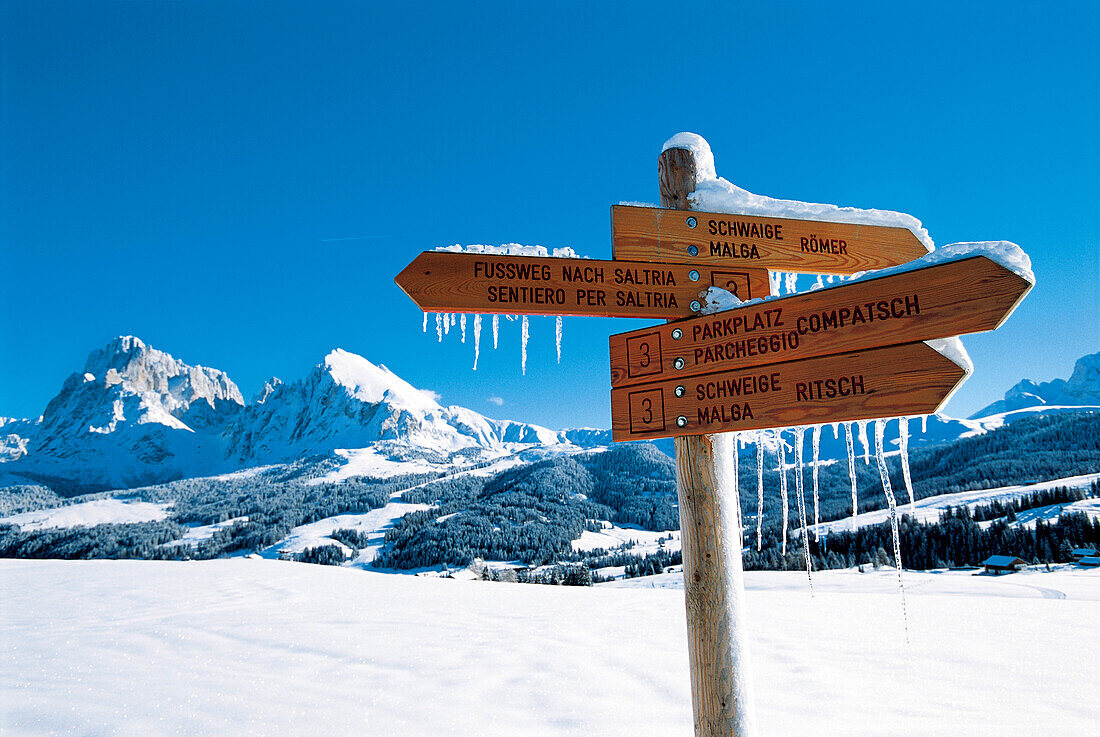 Wegweiser mit Eiszapfen vor idyllischer Winterlandschaft, Seiser Alm, Südtirol, Italien, Europa