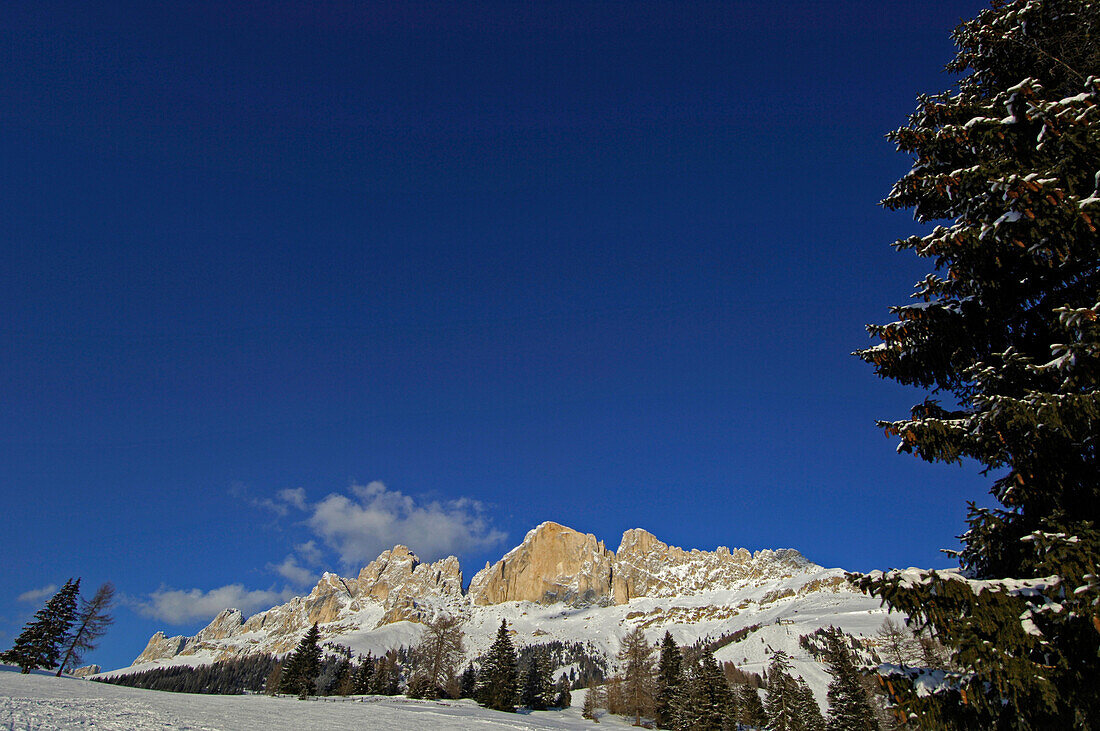 Winter landscape and mountains under blue sky, Dolomites, South Tyrol, Italy, Europe