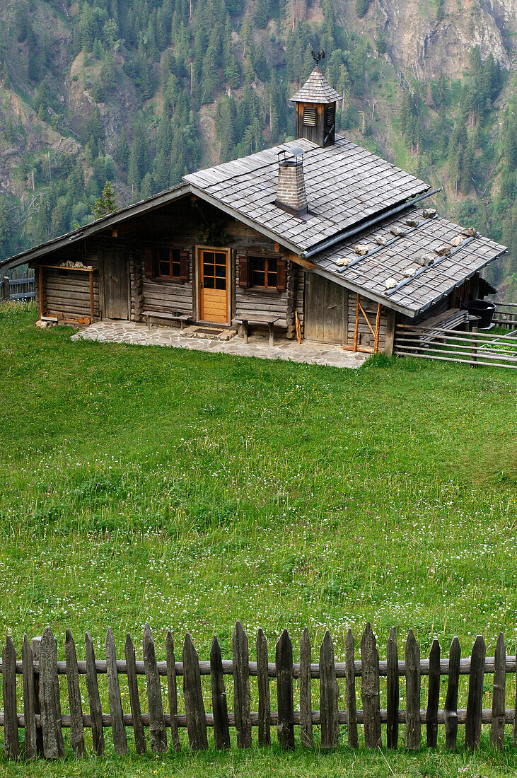 Holzzaun und Wiese vor einer Almhütte, Schlern, Südtirol, Italien, Europa