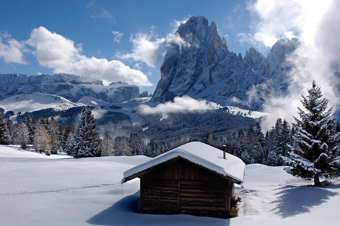 Schneebedeckte Almhütte im Sonnenlicht, Seiser Alm, Eisacktal, Südtirol, Italien, Europa