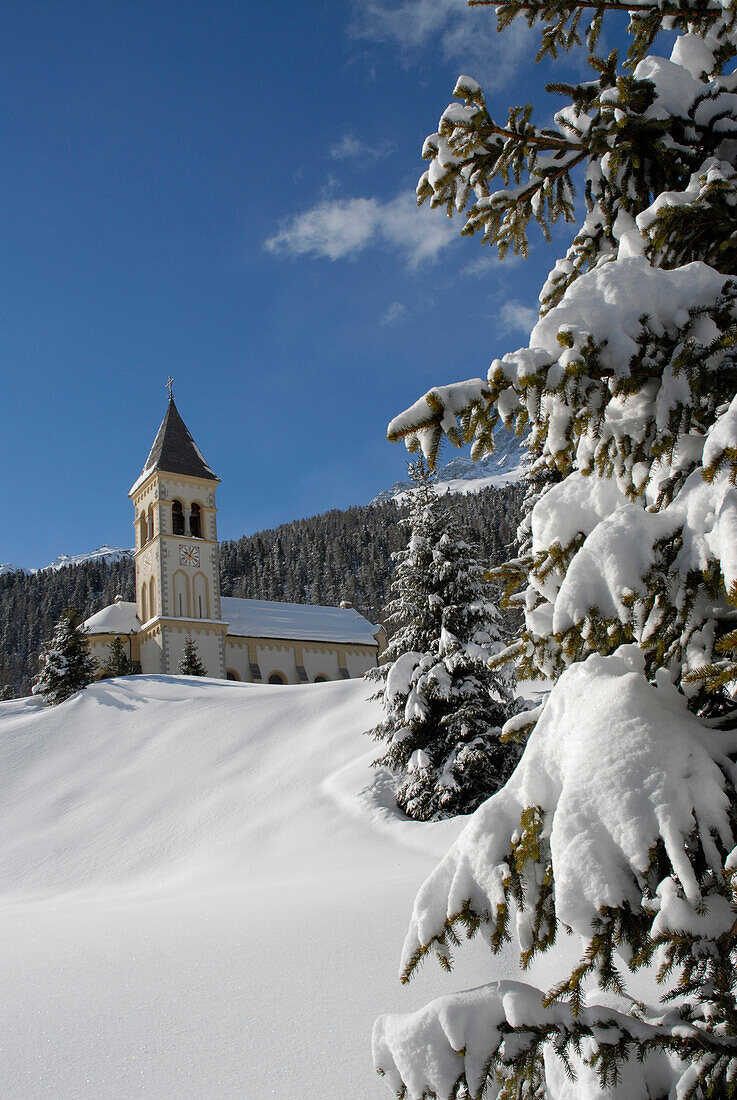 The church St. Gertraud under blue sky, Sulden, Val Venosta, South Tyrol, Italy, Europe