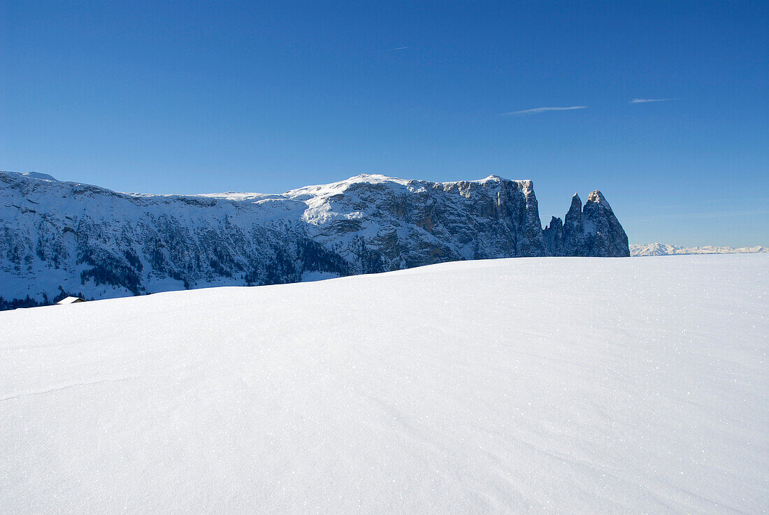 Mountains and winter landscape under blue sky, Sciliar, Dolomites, South Tyrol, Italy, Europe