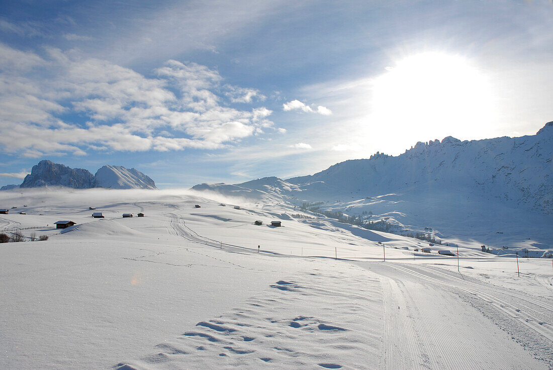 Winterlandschaft im Sonnenlicht, Seiser Alm, Südtirol, Italien, Europa