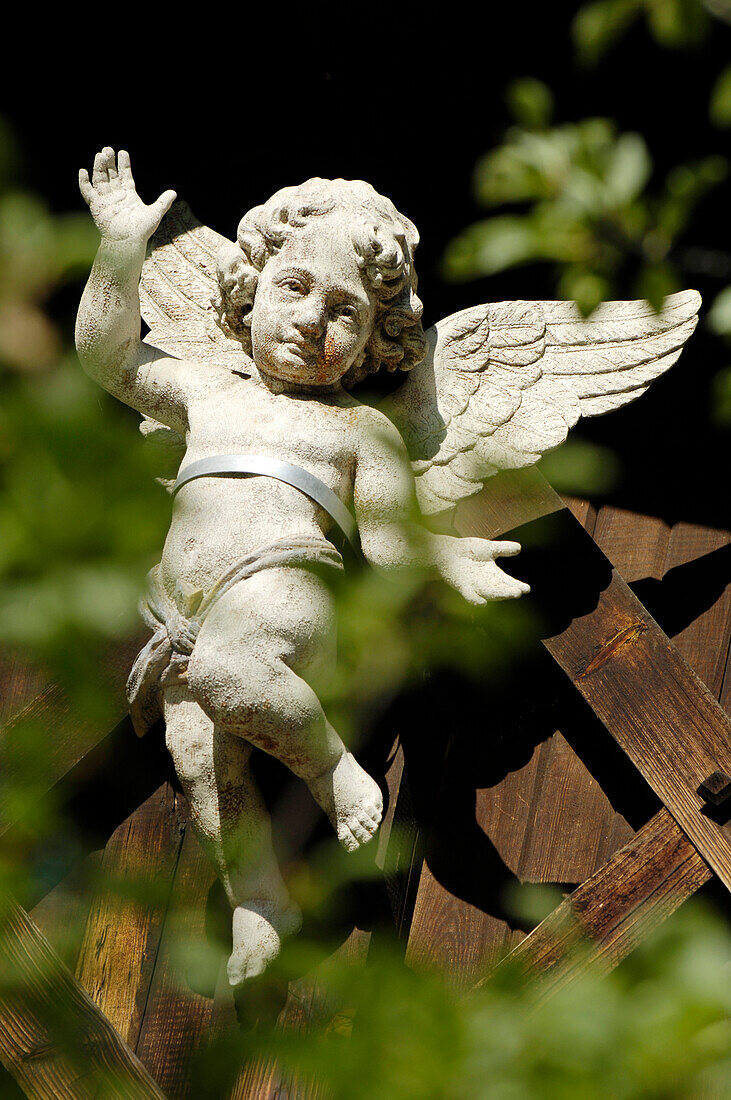Putto, wooden angel sculpture at a garden fence, South Tyrol, Italy, Europe
