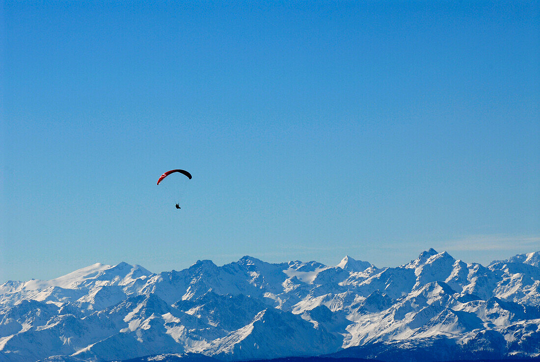Gleitschirmspringer über schneebedeckten Bergen vor blauem Himmel, Südtirol, Italien, Europa