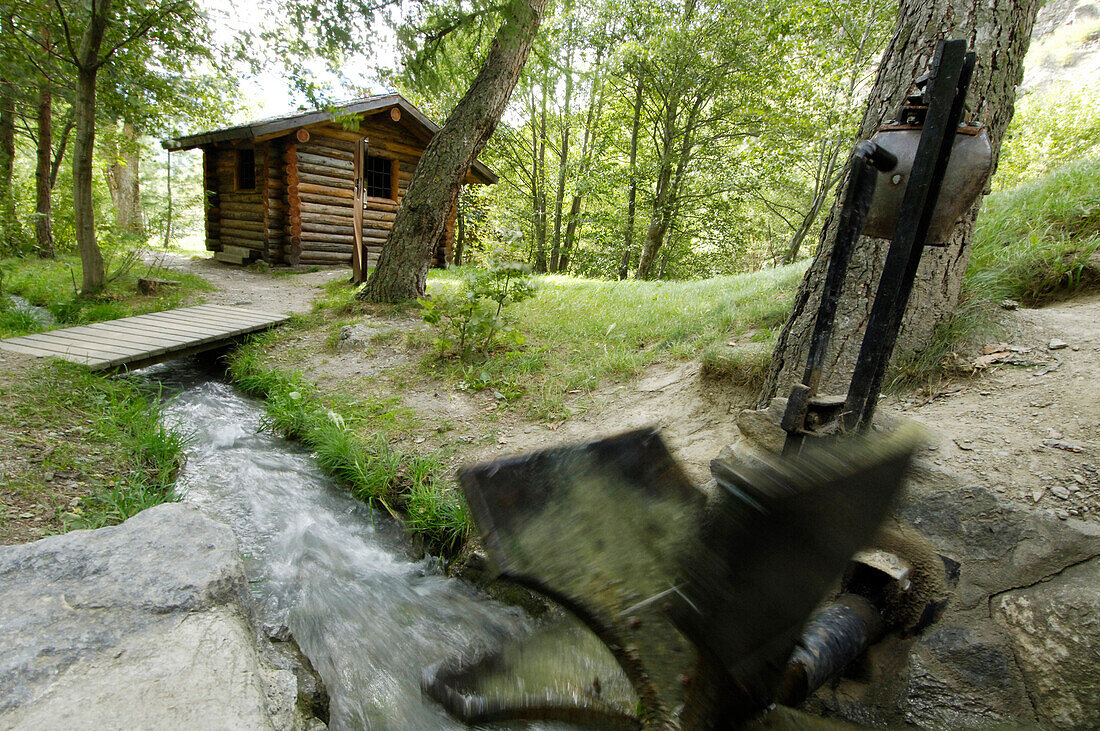 Blockhütte an einem Bewässerungsgraben, Vinschgau, Südtirol, Italien, Europa