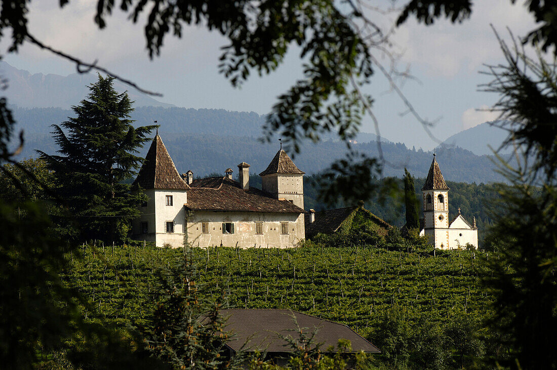 Schloss Kreithof und eine Kapelle über einem Weinberg, Eppan an der Weinstrasse, Bozen, Südtirol, Italien, Europa