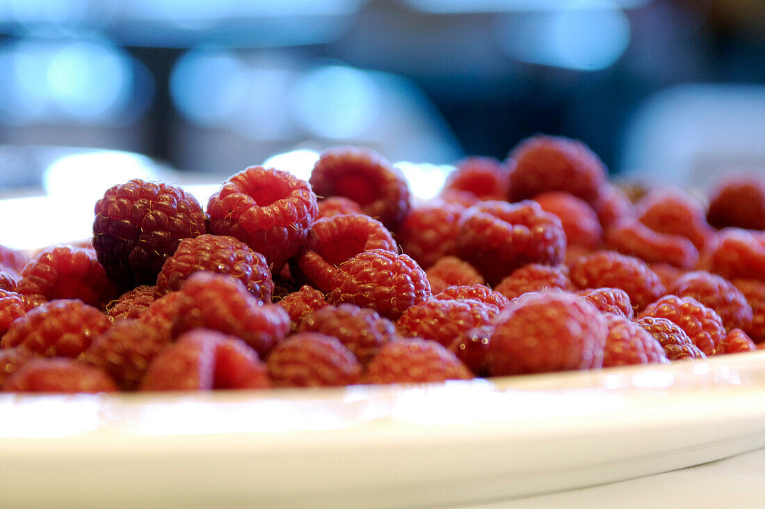 Plate full of fresh raspberries, Fruit dessert, Healthy eating, Food Products, South Tyrol, Italy