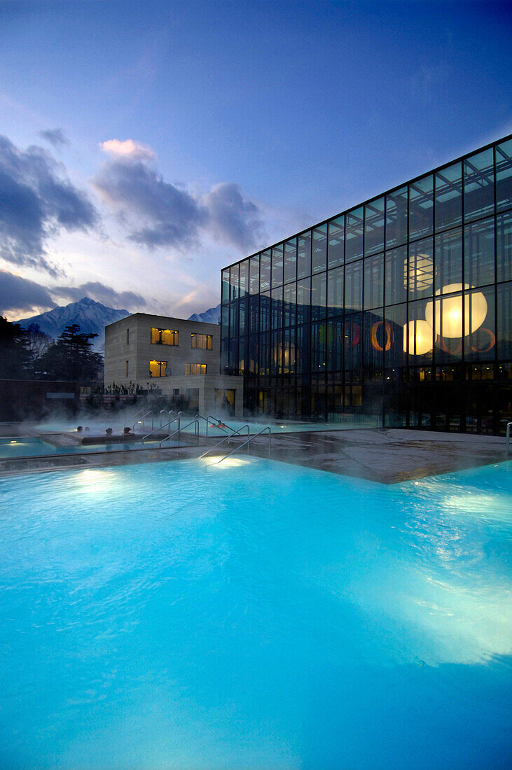 Outdoor pool in Therme Meran, salt water pool and thermal spa, Merano, South Tyrol, Italy