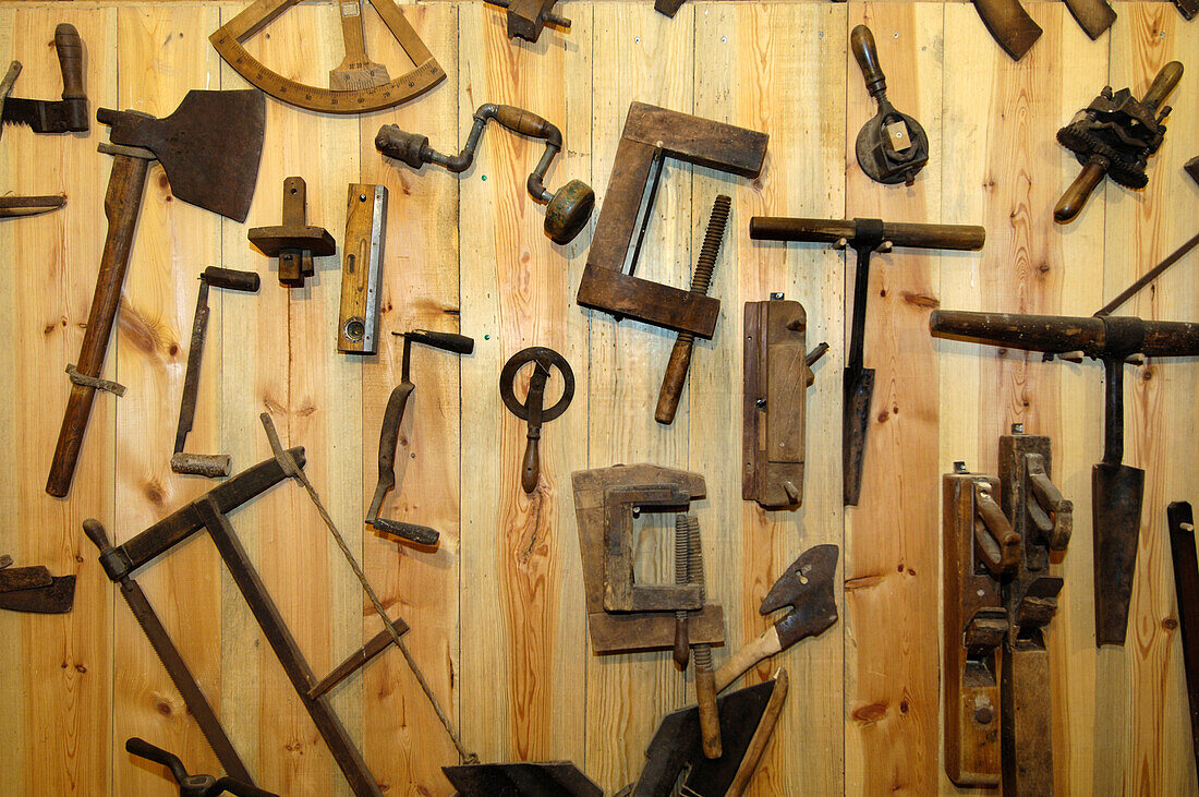 Tools for woodwork, carpenter, Local history museum in Tschoetscherhof, St. Oswald, Kastelruth, Castelrotto, South Tyrol, Italy