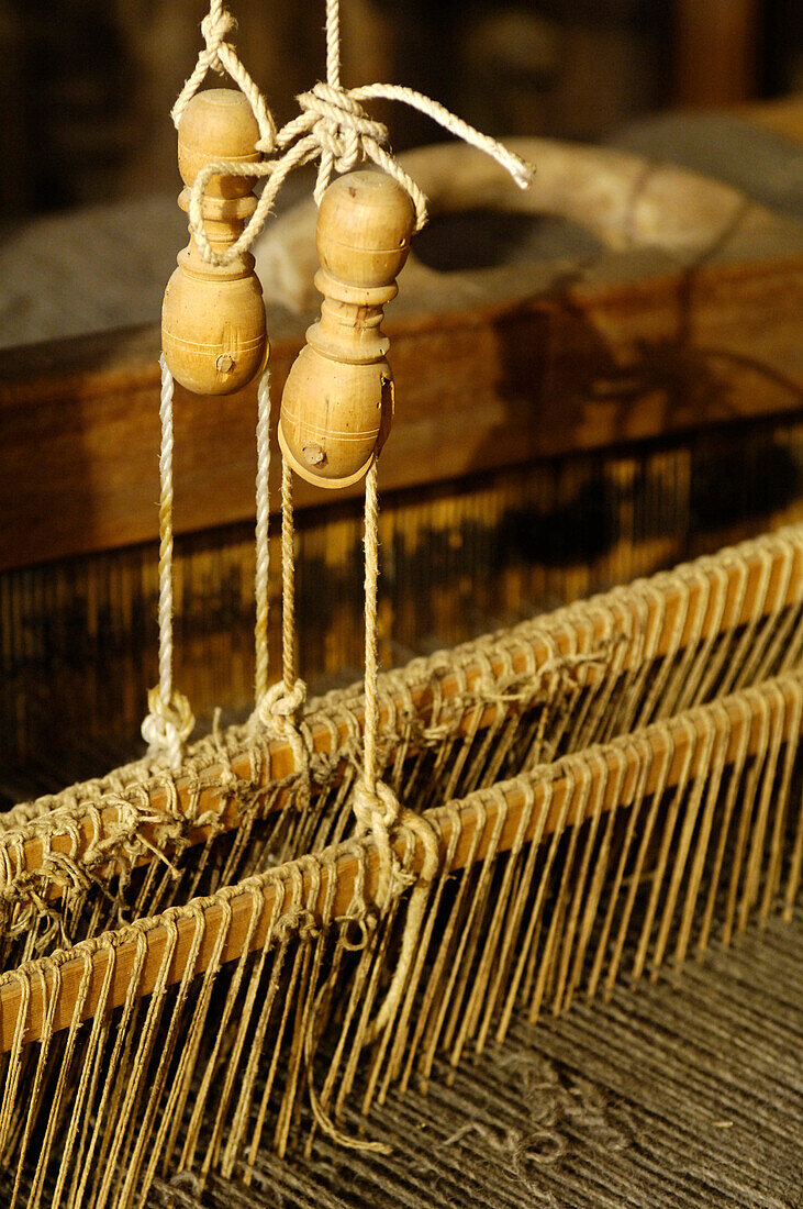 Detail of a weaving loom, Handicraft, Local history museum in Tschoetscherhof, St. Oswald, Kastelruth, Castelrotto, South Tyrol, Italy