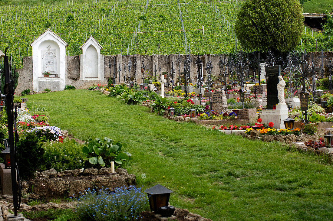 Cemetery with graves, Maria Weissenstein pilgrimage church, Petersberg, Deutschnofen, South Tyrol, Italy