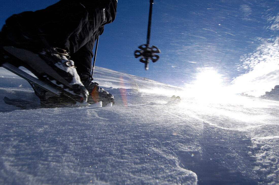 Person on a ski tour ascending the mountain, Mountain landscape, Seiser Alp, South Tyrol, Italy