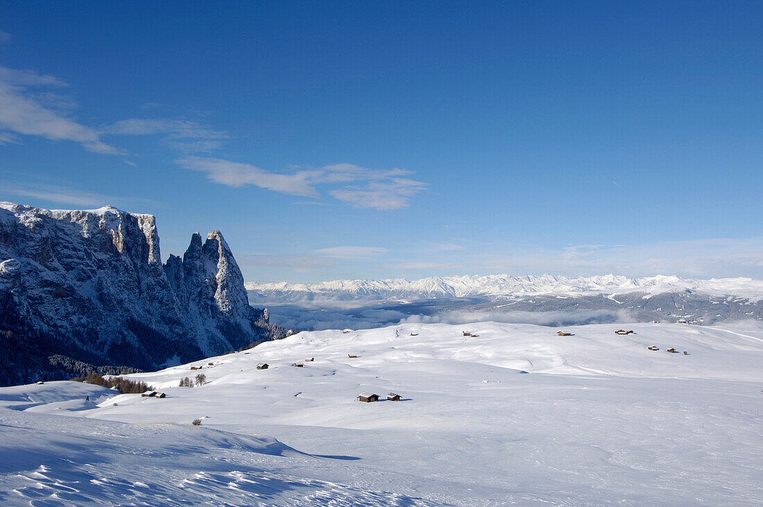 Alpine hut and mountain landscape, Seiser Alp, Schlern, South Tyrol, Italy