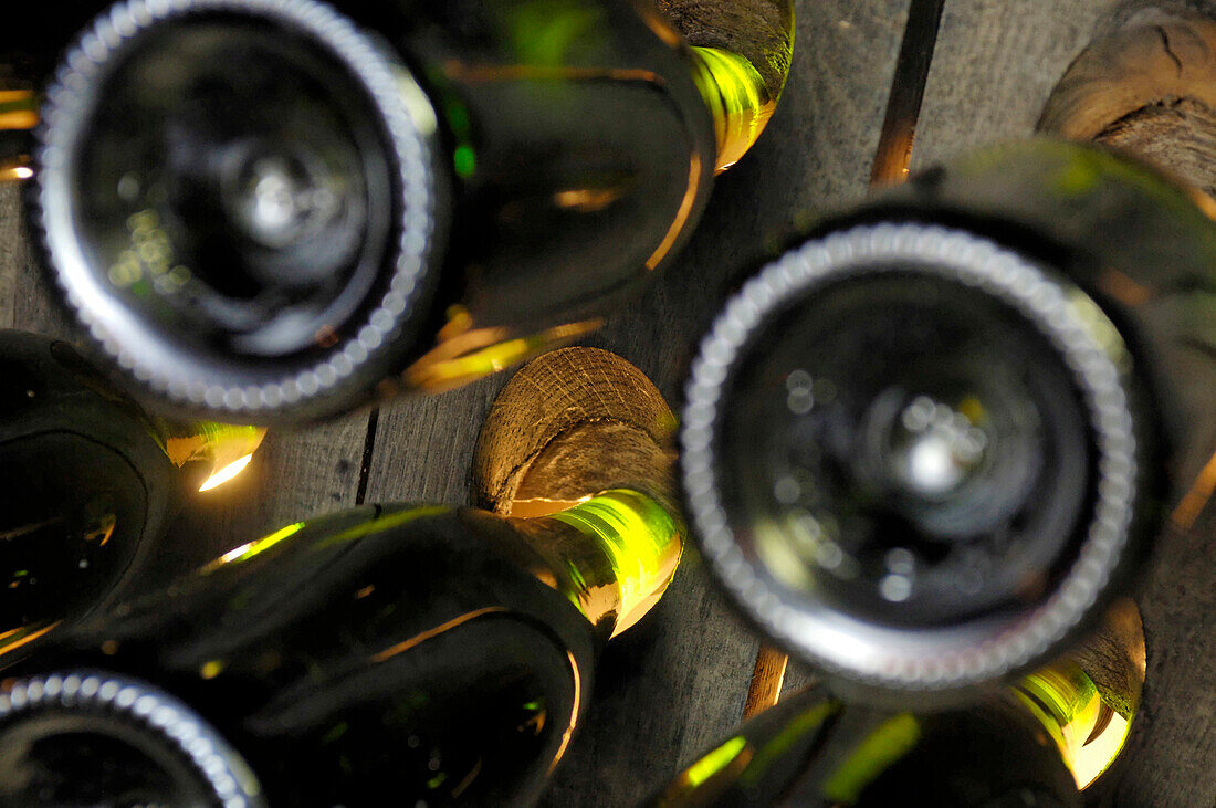 Bottles of sparkling wine, Sektkellerei Reiterer, Arunda Sekt, Moelten, South Tyrol, Italy