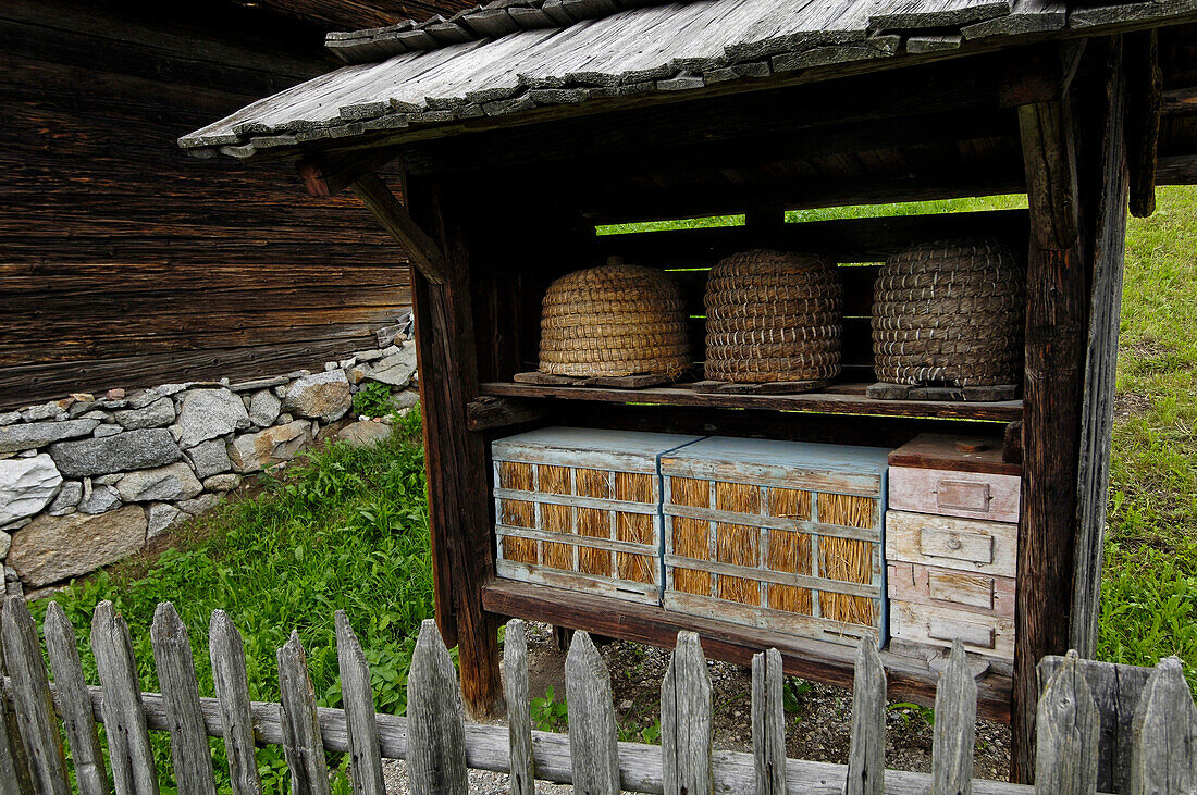 Bee hives in the South Tyrolean local history museum at Dietenheim, Puster Valley, South Tyrol, Italy