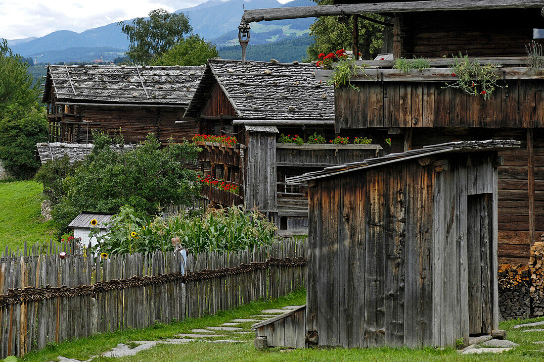 Bauernhof und Bauernhaus im Südtiroler Volkskundemuseum Dietenheim, Dietenheim, Pustertal, Südtirol, Italien