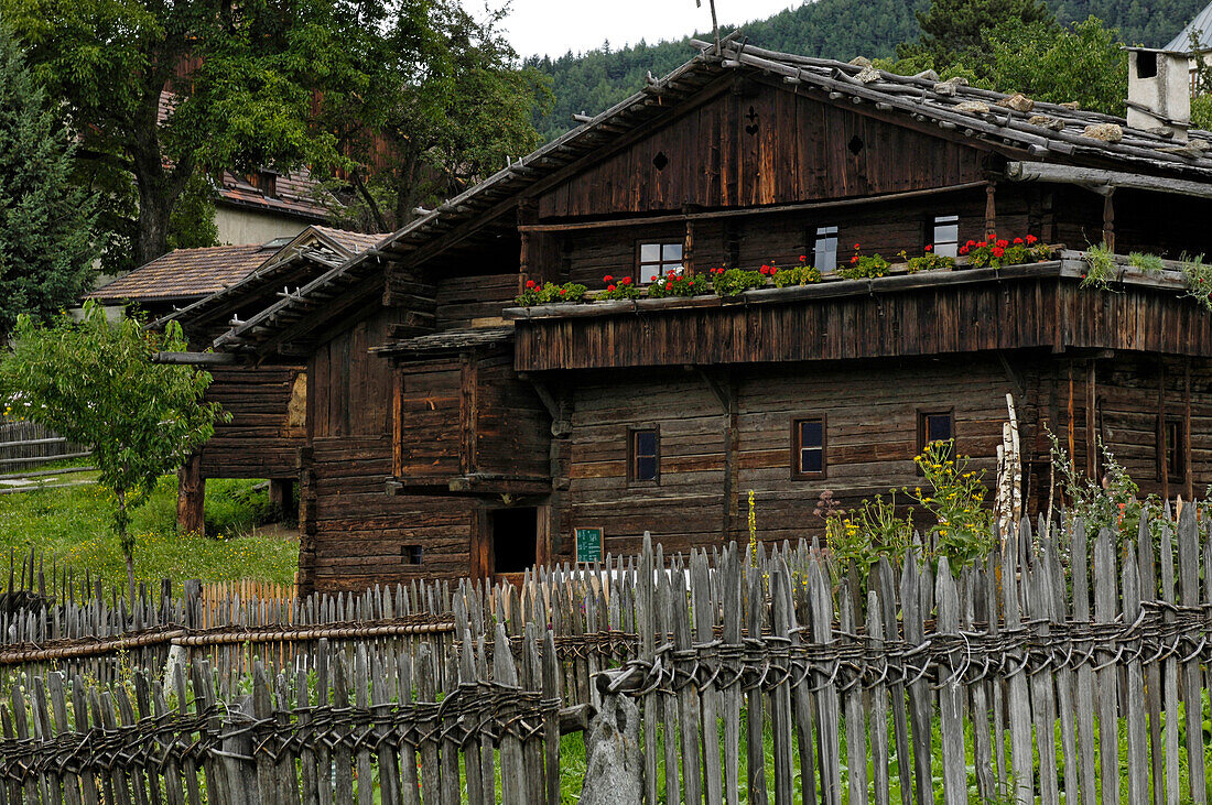 Farmhouse and farm in the South Tyrolean local history museum at Dietenheim, Puster Valley, South Tyrol, Italy