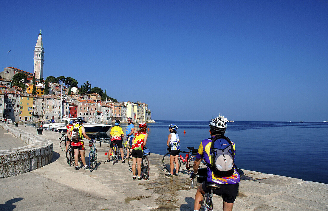 Bicycle tourists at Rovinj, Istria, Croatia, Adriatic Sea, Mediterranean Sea.