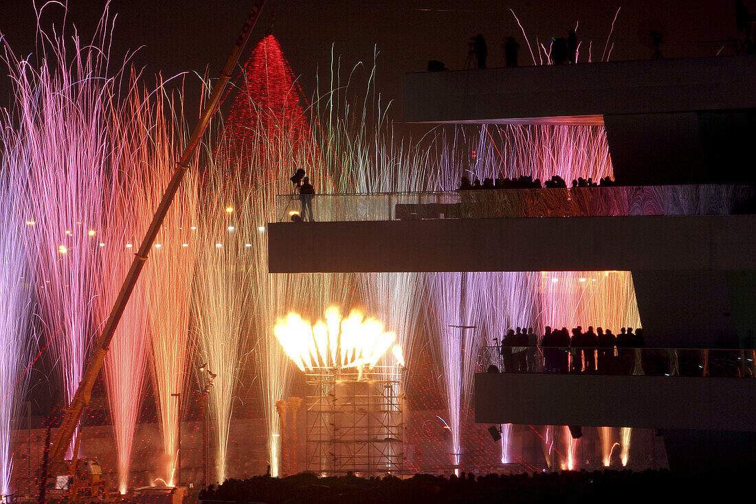 Fireworks. Veles i Vents building, by David Chipperfield, 32nd America's Cup. Valencia Seaport. Spain.