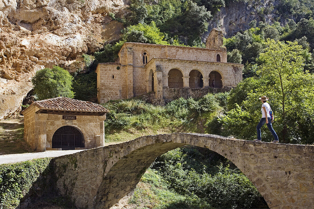 Medieval bridge, Santo Cristo and  Santa Maria de la Hoz chapel, Tobera. Burgos province, Castilla-León, Spain