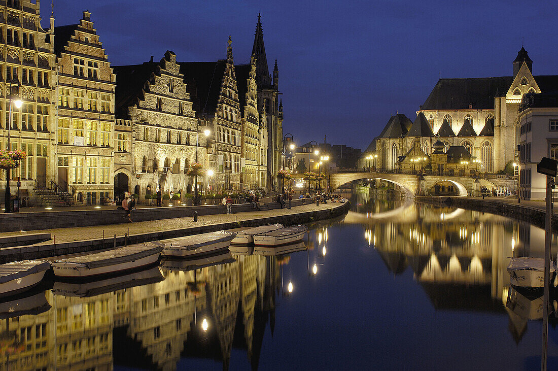 Guild Houses & Leie River at Dusk. Ghent. Belgium.