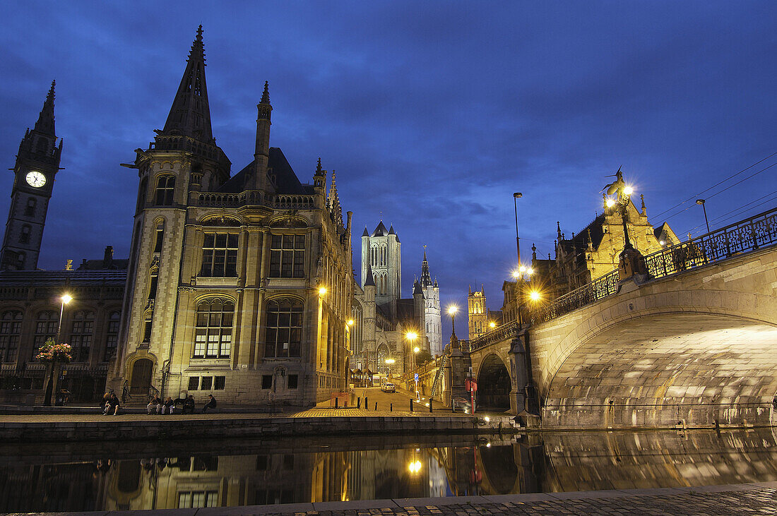 Leie River and St. Michael's Bridge at dusk. Ghent. Belgium