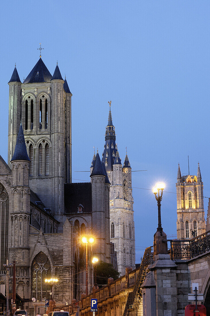 St. Nicholas' Church and Lakenhalle from St. Michael's bridge at Dusk. Ghent. Flanders