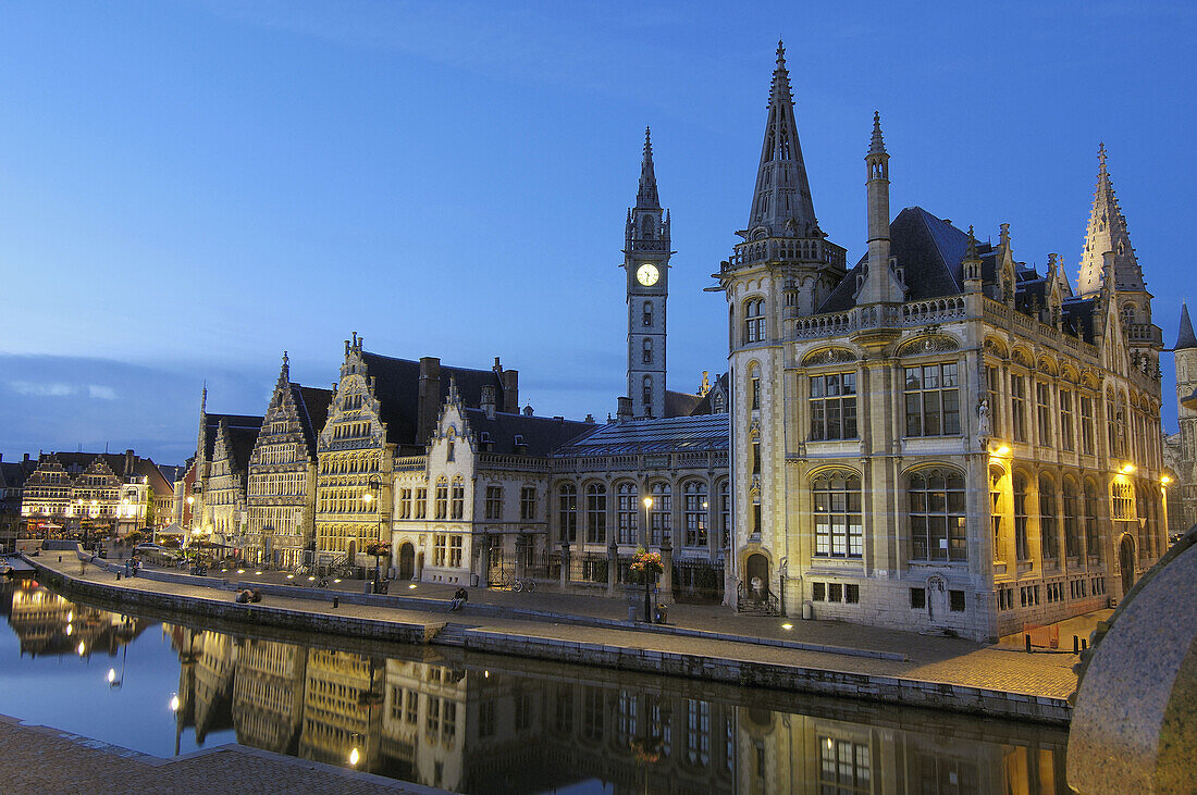 Guild Houses & Leie River at Dusk. Ghent. Belgium.