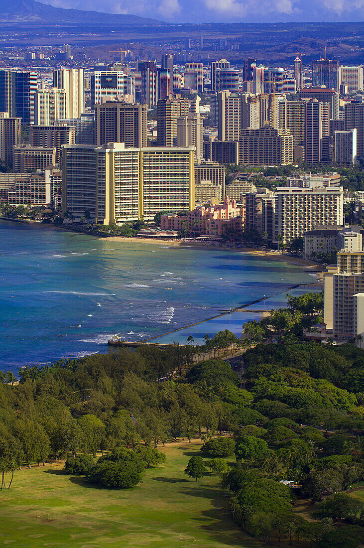 View of the highrises of Waikiki from the Diamond Head Overlook, Honolulu, Oahu, Hawaii, USA