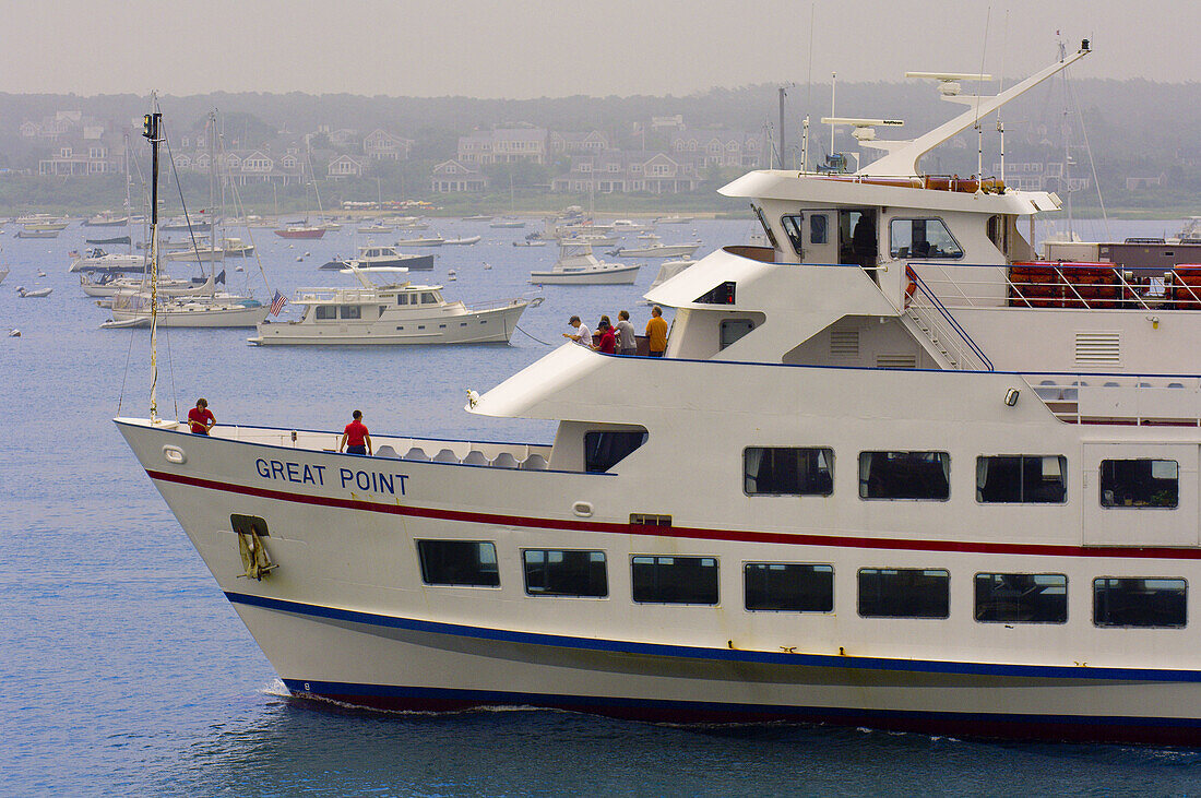 Ferry to Cape Cod departing the harbor, Nantucket town, Nantucket Island, Massachusetts, USA